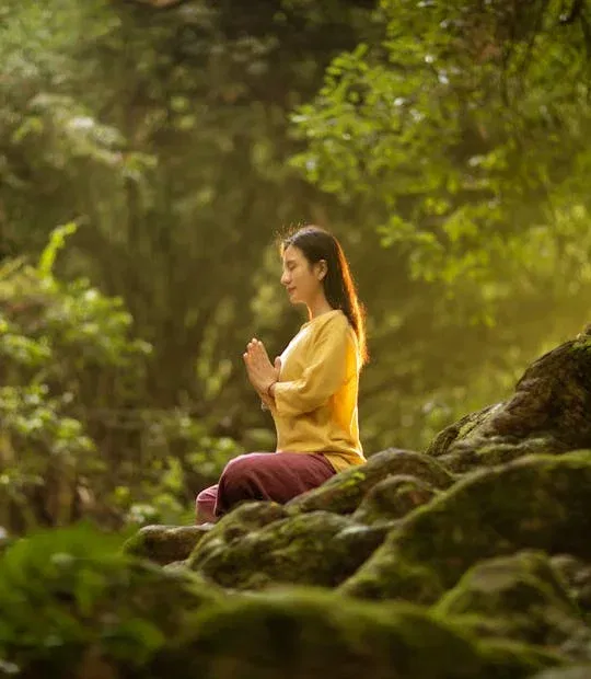 A woman meditates peacefully in a sunlit forest, embodying tranquility and connection with nature.